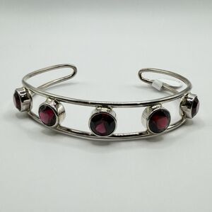 925 Sterling Silver Garnet Teardrop Bangle Bracelet 7" 11.1g Red Gemstone